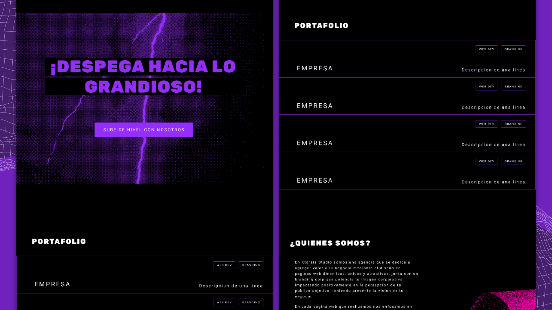 Sección enfocada en presentar las áreas principales del estudio: diseño web, UX/UI, branding y desarrollo digital.