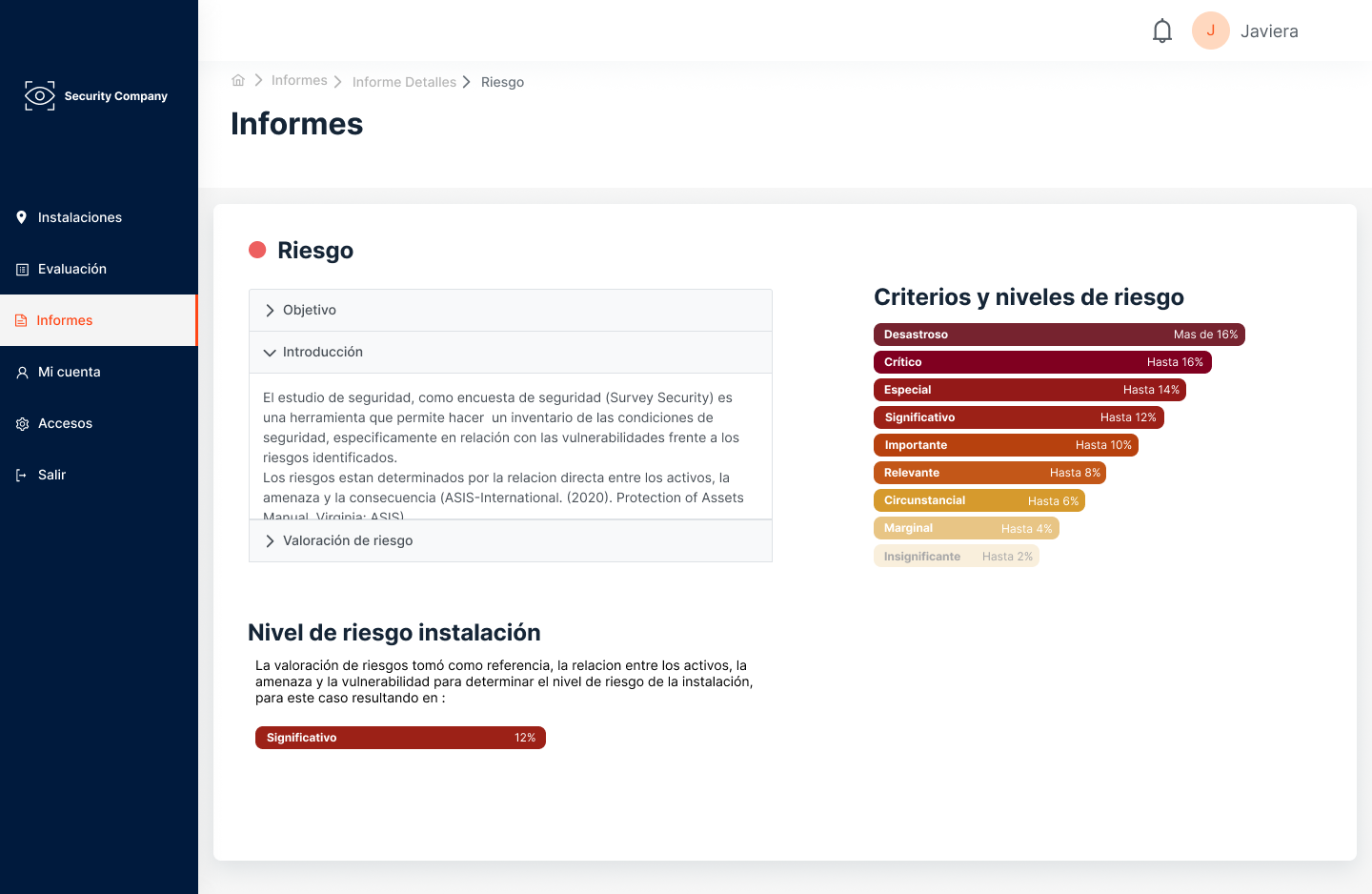 Detalle de informe y evaluación de riesgos